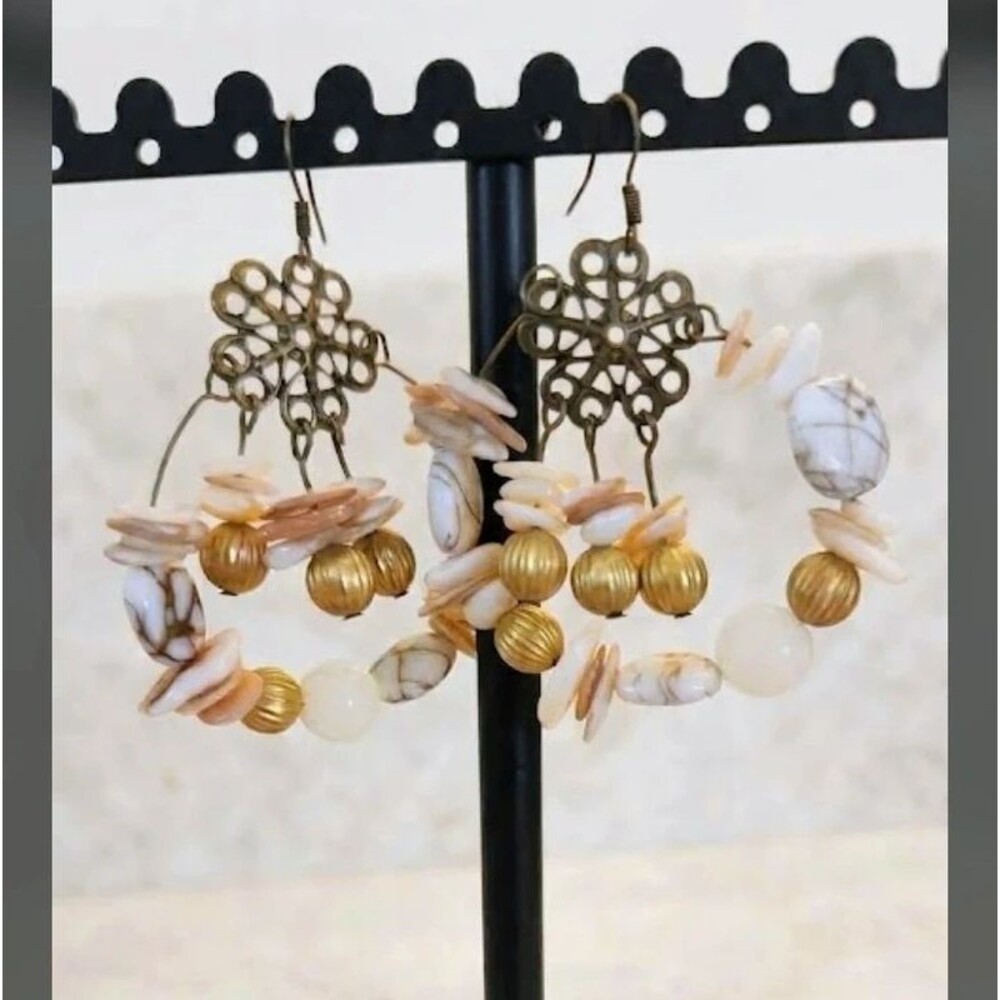 Boho Filigree Hoop Earrings with Shell Chips and Gold Beads